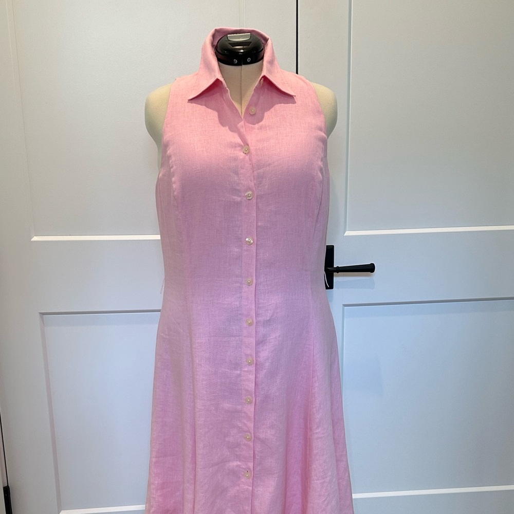 Lauren Ralph Lauren Linen size 14 Pink A-line Sleeveless Button-Down Dress